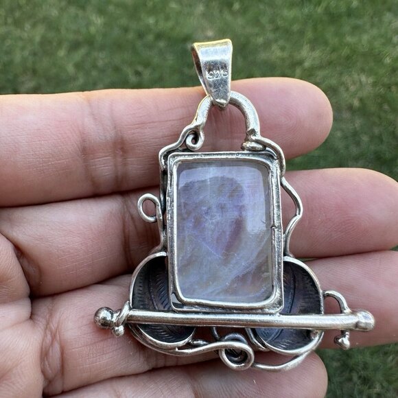 VTG Artisan Pendant 2" Moonstone Labradorite Gemstone Ornate 925 Sterling 16.9g‎ - Picture 3 of 8
